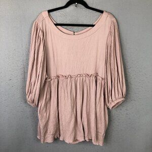 Mable Dress Women M Pink Crinkle Trapeze Boho 3/4 Balloon Sleeve Babydoll Y2K